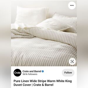 Crate&Barrel Pure Linen Wide Stripe Warm White King Duvet Cover + 2 King Shams